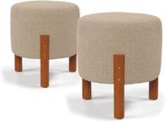 Kit 2 Puff Banquinho Redondo Decorativo Thor em Linho Pés Madeira Cor Bege - PC MÓVEIS Kit 2 Puff Banquinho Redondo Decorativo Thor em Linho Pés Madeira Cor Bege - PC MÓVEIS