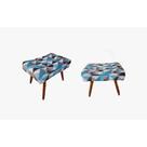 Kit 2 Puff Decorativo Banqueta Retangular Pés de Madeira Palito Suede Triângulo Azul