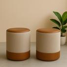 Kit 2 Puff Redondo Cilindro Em Couro Linho Bege Caramelo