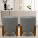 Kit 2 Puff Redondo Em Linho Com Pés Em Madeira Maciça Decorativo Sala Quarto