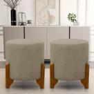 Kit 2 Puff Redondo Linho Com Pés Em Madeira Maciça Decorativo Sala Quarto