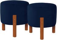 Kit 2 Puff Redondo Luxo Decorativo Charme com Pés de madeira Suede Azul