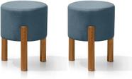 Kit 2 Puff Redondo Luxo Decorativo Charme Thor com Pés de Madeira Linho Azul PC MÓVEIS