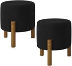 Kit 2 Puff Redondo Luxo Decorativo Charme Thor com Pés de Madeira Suede Preto - PC MÓVEIS Kit 2 Puff Redondo Luxo Decorativo Charme Thor com Pés de Madeira Suede Preto - PC MÓVEIS