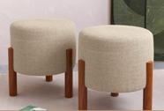 kit 2 puff redondo tecido linho cor Bege, luxuoso decorativo charme, com pés de madeira kit 2 puff redondo tecido linho cor Bege, luxuoso decorativo charme, com pés de madeira