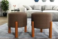 kit 2 puff redondo tecido linho Marrom, luxuoso decorativo charme, com pés de madeira kit 2 puff redondo tecido linho Marrom, luxuoso decorativo charme, com pés de madeira