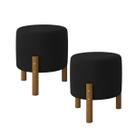 Kit 2 Puffs Decorativo Redondo Banqueta Sala Quarto Escritório Pés Madeira Zuppy - Preto Suede