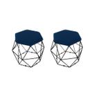 kit 2 Puffs Onix Aramado Base Preto Hexagonal Azul Marinho