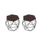 kit 2 Puffs Onix Aramado Base Preto Hexagonal Marrom Escuro