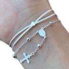 Kit 2 Pulseira Feminina Terço Dois Fios Coração Prata 925 Maciça Legítima Original