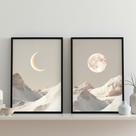 Kit 2 Quadr Lua Boho Branco Cinza 33x24cm Mold Preta Vidro
