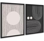 Kit 2 Quadros Abstratos Linhas Preto e Bege - Formas 45x34cm