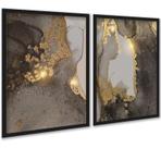 Kit 2 Quadros Abstratos Marmore Dourado Marrom 24x18cm - com vidro