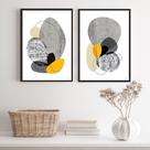 Kit 2 Quadros Abstratos Minimalistas Preto Cinza Amarelo 45x34cm