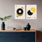 Kit 2 Quadros Artes Bauhaus Discos - Preto e Amarelo 33x24cm - com vidro
