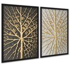 Kit 2 Quadros Árvores Raízes Preto Branco Dourado 45x34cm - com vidro