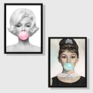 Kit 2 Quadros Audrey e Marilyn Chicletes 45x34cm - com vidro