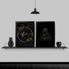 Kit 2 Quadros Buda Fé Preto Com Dourado 45x34cm - com vidro