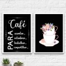 Kit 2 Quadros Cantinho Do Café Xícaras Flores 33x24cm - com vidro