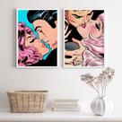 Kit 2 Quadros Casais Beijo Pop Art 33x24cm - com vidro Kit 2 Quadros Casais Beijo Pop Art 33x24cm - com vidro