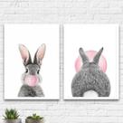 Kit 2 Quadros Coelhos Bubble Gum 45x34cm - com vidro