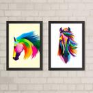Kit 2 Quadros Decorativos Arte Cavalos Coloridos 45x34cm
