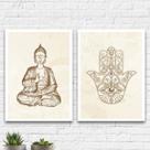 Kit 2 Quadros Esotéricos Buda E Hamsa 24x18cm