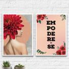 Kit 2 Quadros Feministas Mulher Com Flores 33x24cm - com vidro