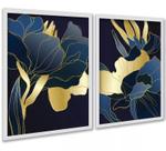 Kit 2 Quadros Florais Azul Dourado Linhas 24x18cm - com vidro