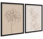 Kit 2 Quadros Flores Linhas Suaves - Bege 45x34cm - com vidro