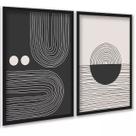 Kit 2 Quadros Formas Abstratos Linhas Preto e Bege 24x18cm - com vidro
