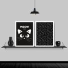 Kit 2 Quadros Gatinho Meow Preto E Branco 24x18cm Kit 2 Quadros Gatinho Meow Preto E Branco 24x18cm