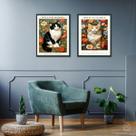 Kit 2 Quadros Gatos Com Flores - William Morris 45x34cm