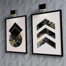 Kit 2 Quadros Geométricos Folhas Preto/Ouro 33x24cm