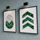 Kit 2 Quadros Geométricos Verdes Folhas 33x24cm