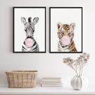 Kit 2 Quadros Girafa Tigre Bubble Gum 24x18cm