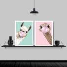 Kit 2 Quadros Lhama E Avestruz Chiclete 33X24 Moldura Preta