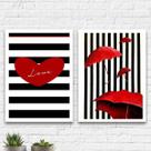 Kit 2 Quadros Love Listras Preto E Vermelho 24x18cm