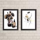 Kit 2 Quadros Makeup Mulher Maquiando 33x24cm - com vidro