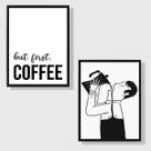 Kit 2 Quadros Minimalistas Café But First Coffee 33x24cm - com vidro