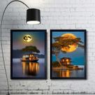 Kit 2 Quadros Paisagens Lua Rio Com Barcos 45x34cm
