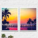 Kit 2 Quadros Praia Por Do Sol 45x34cm