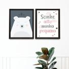 Kit 2 Quadros Quarto Bebê Urso Rosa e Cinza 33x24cm