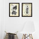 Kit 2 Quadros Vintage Moda - Dama Paris 33x24cm - com vidro