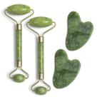 KIT 2 Rolos + 2 Placas Guasha De Jade Para Massoterapia Facial Reduz Inchaços Estimula Circulação