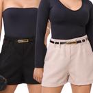 Kit 2 Short Feminino Linho Alfaiataria Com Cinto E Bolso