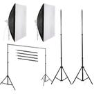 Kit 2 softbox de 1 lâmpada com 2 tripés e suporte para fundo fotográfico 2x3 Kit 2 softbox de 1 lâmpada com 2 tripés e suporte para fundo fotográfico 2x3