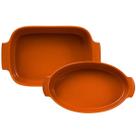 Kit 2 Travessas Assadeiras Retangular e Oval Porcelana Laranja Canelada Germer Assar e Servir