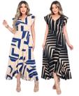 Kit 2 Vestido Feminino Longo/Midi Decote V Fenda Frontal Amarração Cintura Malha Viscolycra