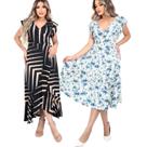 Kit 2 vestido Feminino Longo/Midi Decote V Manga Curta Ajuste na Cintura Malha Viscolycra